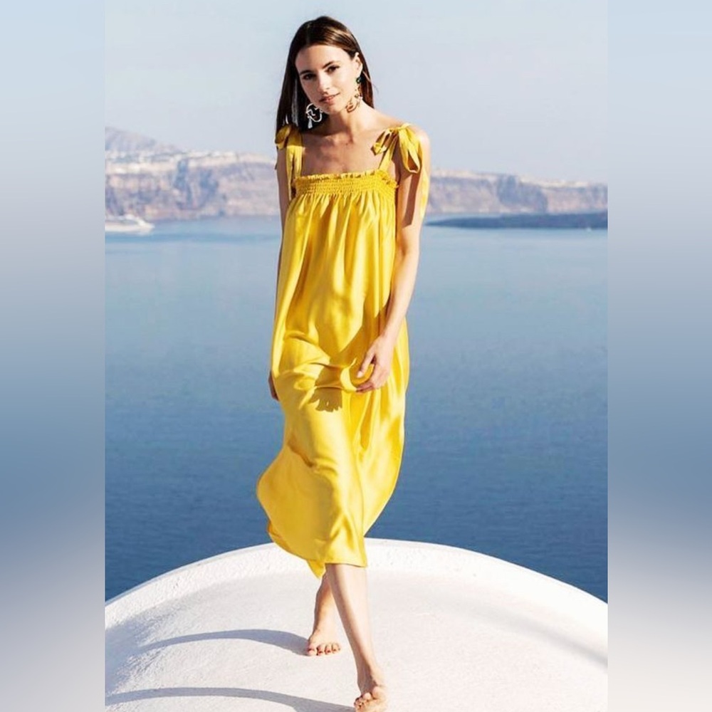 H&M Yellow Smocked Midi Dress
